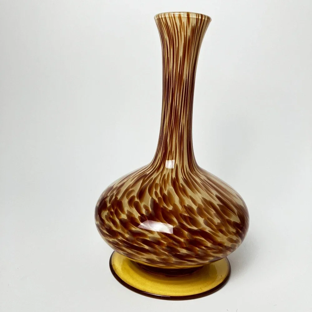 Vintage Italian Art Glass Vase - Amber Tortoise Swirl, White Cristal Style 7.5